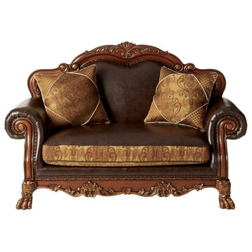 ACM-15161, ACME Dresden Loveseat With 2 Pillows, Brown PU & Chenille, Cherry Oak