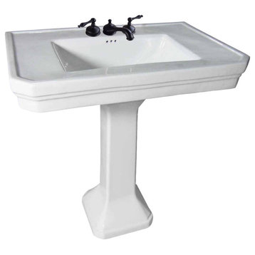 White Large Vitreous Victorian Pedestal Sink with Widespread Black Belle Faucet