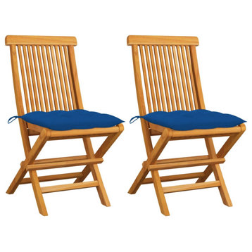 Vidaxl Garden Chairs With Blue Cushions, Set of 2, Solid Teak Wood
