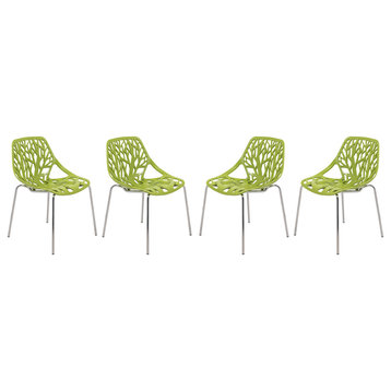 LeisureMod Asbury Plastic Dining Chair With Chromed Legs Set of 4, Green