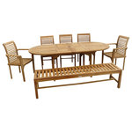 Windsor Teak Furniture - Grade A Teak 82" Ext Table With 5 Chairs/1 Bench, Seats 9 - The Buckingham 82" x 39" Oval Double Leaf Extension Table W/5 Casa Blanca Stacking Chairs (2 w/arms and 3 armless) and one 72" Backless Bench is one of our best selling sets. Like all our double leaf extension tables, you get 3 different size tables.....82" when opened, 70" with one leaf up, and 58" when closed...and the table is 39" wide. The table comes with unique butterfly pop up leafs that enables you to open or close the table in 15 seconds. The table comes with a cap covered umbrella hole and a built in umbrella base. The Casa Blanca Stacking chairs are very comfortable with a contoured seat and have a designer look and the bench is very comfortable too with a contoured seat. Seats 9. Some assembly on table and bench.
