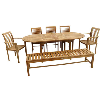 Grade A Teak 82" Ext Table With 5 Chairs/1 Bench, Seats 9