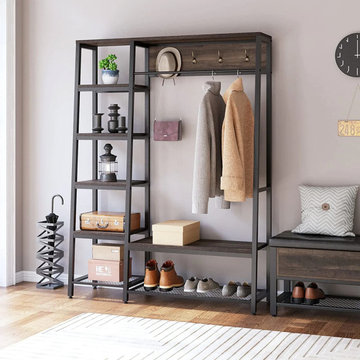Industrial Entry Hall Tree with Shelves and Shoe Rack - 5 Storage Racks and Buil