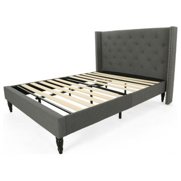 GDF Studio Ray Traditional Fully-Upholstered Queen-Size Bed Frame, Charcoal Gray