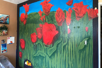 Acrylic/oil Wall Mural of Tulips & whimsical bugs