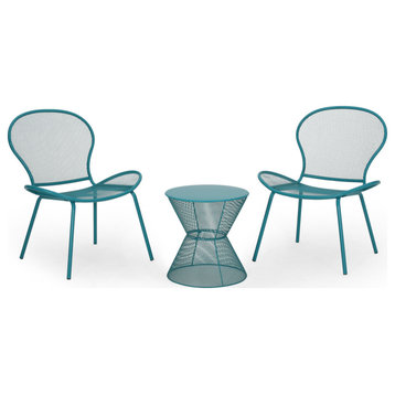 Freda Modern Outdoor 2 Seater Iron Chat Set Wth Side Table, Matte Teal