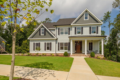 Inspiration for a large contemporary gray three-story concrete fiberboard gable roof remodel in Atlanta