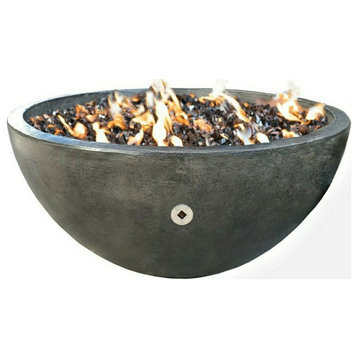 36" Concrete Fire Bowl, Charcoal, Exotic Black Fire Glass Filling, Natural Gas