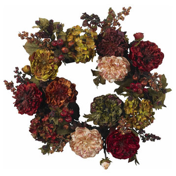 22" Autumn Hydrangea Peony Wreath, Red