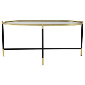 43 Inch Elongated Mirror Top Coffee Table Iron Frame Gold Finish Black