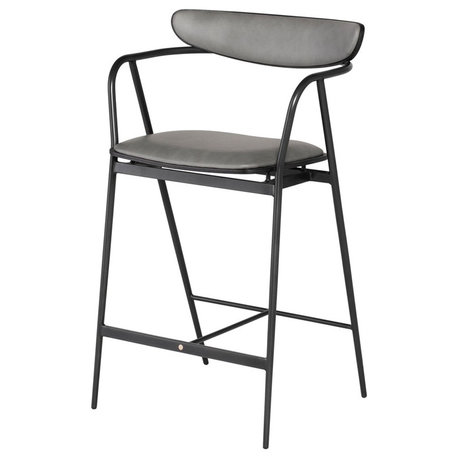 Leather Counter Stool Black Steel Oak Wood Modern Stool, Dove