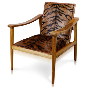 Galaxia - Tiger Print Lounge Chair - Solid Teak Wood Frame - Light Stain Finish