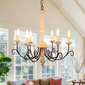 French Country Candle-style Wooden Chandelier, A