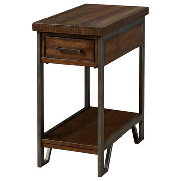 Industrial End Table, Open Shelf & One Drawer With Back USB Charging Ports, Oak