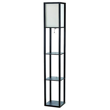 Modern Floor Lamp Etagere Organizer Storage Shelf With Linen Shade, Black