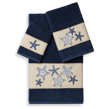 Linum Home Textiles Lydia 3-Piece Embellished Towel Set, Midnight Blue