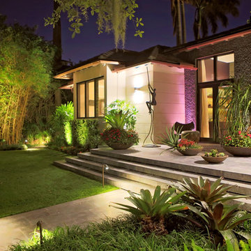 Front of Home with Landscape Lighting and Lighting Control