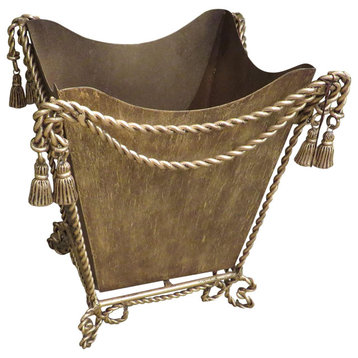 Luxe Antique Style Gold Iron Waste Basket Swag Tassel Ornate Romantic Bathroom