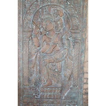 Consigned Vintage Krishna Door, Wall Art, Hand-carved Fluting Krishna & Cow