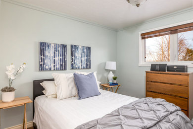 他の地域にある中くらいなトラディショナルスタイルのおしゃれな主寝室 (青い壁、ラミネートの床、パネル壁)