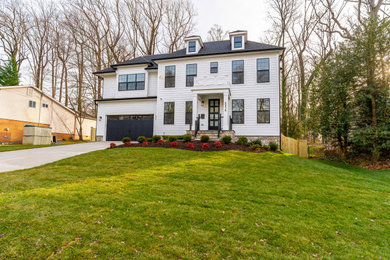 Large transitional white three-story concrete fiberboard and clapboard house exterior idea in DC Metro with a hip roof, a shingle roof and a black roof