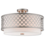 Livex Lighting - Livex Lighting Arabesque Brushed Nickel Light Ceiling Mount - Our Arabesque three light semi flush mount will add refined style and a hint of mystery to your decor. The off-white fabric hardback shade creates a warm illumination, while the light brings to life the intricate brushed nickel cutout pattern.