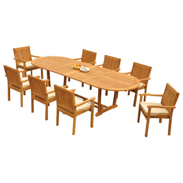 9-Piece Outdoor Teak Dining Set: 117" Masc Oval Table, 8 Leveb Stacking Chairs