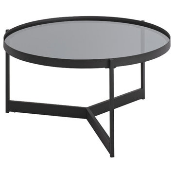 Modern Glass and Metal Round Coffee Table - Smoked Glass / Black