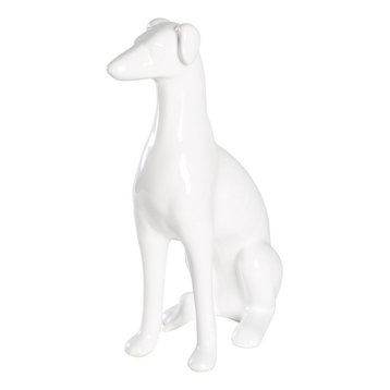 Sitting Greyhound Ceramic Statue, Glossy White