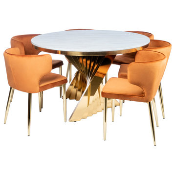 Waterfall Dining Set With 6 Chairs, Burnt Orange