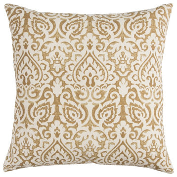 Gold White Distressed Damask Throw Pillow