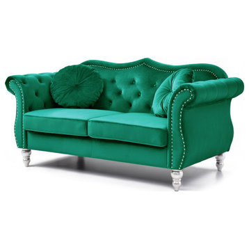 Hollywood 68 in. Green Velvet Chesterfield Loveseat With 2-Throw Pillow