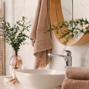 Warm Neutral Bathroom with Rustic Touches in Finchley