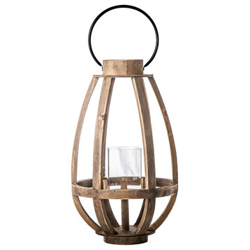 20" Wood Lantern with Metal Handle and Candle Holder Natural Brown Finish