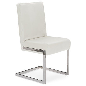 Modern Dining Chair, Faux Leather Seat & Sled Base With Polished Finish, White