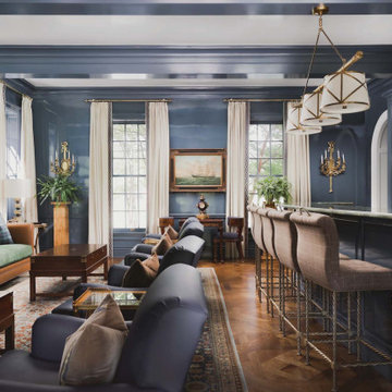 Home bar lounge with dark navy blue high gloss lacquered walls