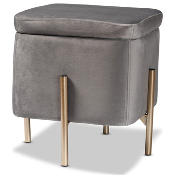 Contemporary Grey Velvet Fabric Upholestred Gold Finished Metal Storage Ottoman