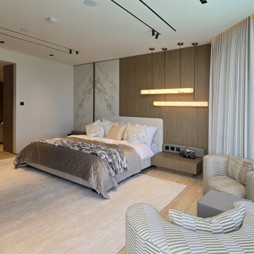 Contemporary Master Bedroom with Timber Feature Wall