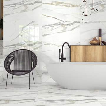 Contemporary White Bathroom With Marble Look Large Format Tiles