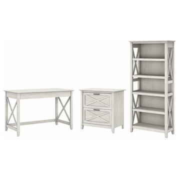 Key West Writing Desk with File Cabinet and Bookcase in White - Engineered Wood