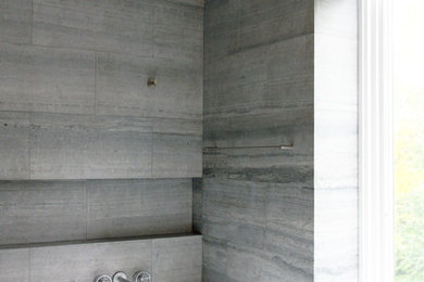 Bathroom - modern master gray tile and stone tile gray floor bathroom idea in New York with a one-piece toilet, white walls and a vessel sink