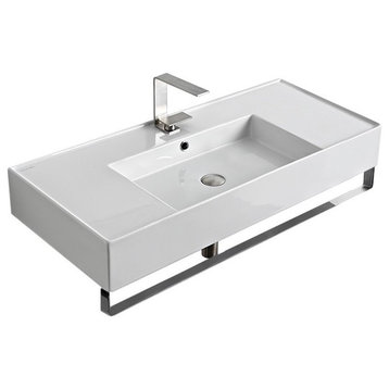 40" Ceramic Wall Mount Sink With Counter Space With Towel Bar, 1-Hole