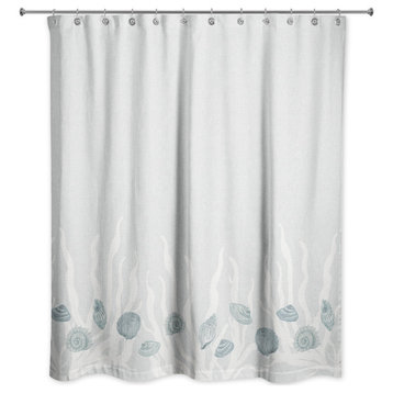Blue Shell and White Coral Border on Blue 71 x 74 Shower Curtain