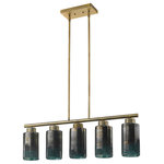 Trend - Monet 5-Light Brass Pendant (TP20051BR) - Trend (TP20051BR) Monet 5-Light Pendant in Brass finish with Cylindrical shaped Blue/Gold shade. Dimmable: Yes. Dry rated. Blue/Gold Cylindrical Glass Shades. Comes With 12' of Wire, and 6-12", 2-6", and 2-3" Stems For Adjustable Hanging Height. Requires 5, 100-Watt Max, Medium Base Bulbs. Installation hardware included.