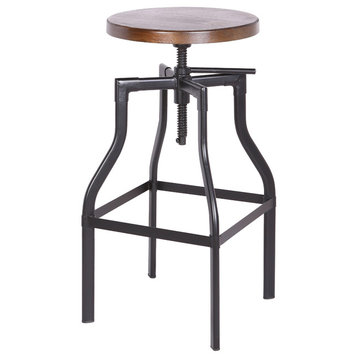 Melba Adjustable Height Barstool Frosted Black with Walnut Wood Seat (Set of 1)