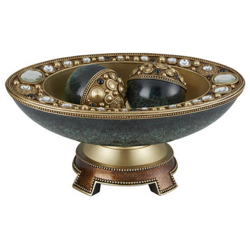 8.25H Sedona Marbelized Green Gold Footed Dcor Bowl With Spheres