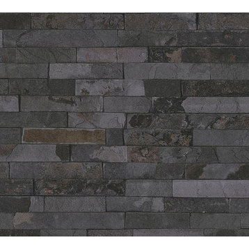 Best of Wood'n Stone, Modern Wood Stone Brick Dark Gray Wallpaper Roll