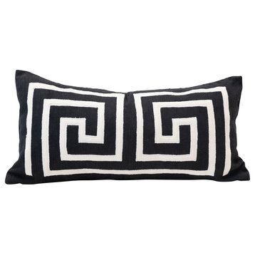 Woven Cotton Lumbar Pillow With Appliqued Design, Black/White