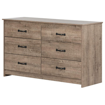Rustic Double Dresser, Weathered Oak Wooden Frame With 6 Drawers and Metal Pulls