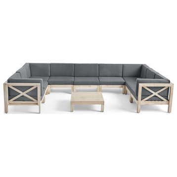 Olivia Outdoor 9 Seater Acacia Sectional Sofa Set, Weathered and Dark Gray